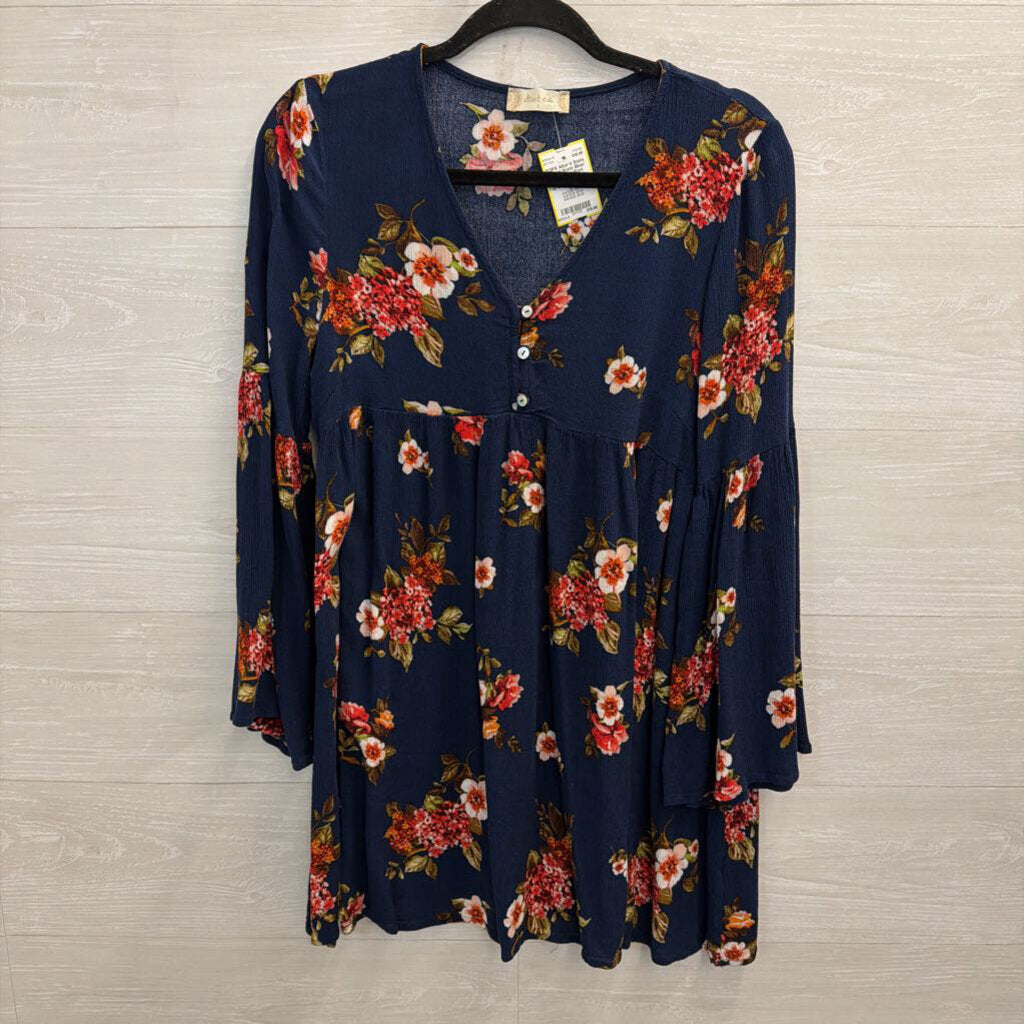Altar'd State Blue/ Multi Floral Print Long Sleeve Tunic Top Large