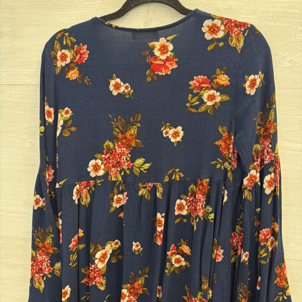 Altar'd State Blue/ Multi Floral Print Long Sleeve Tunic Top Large
