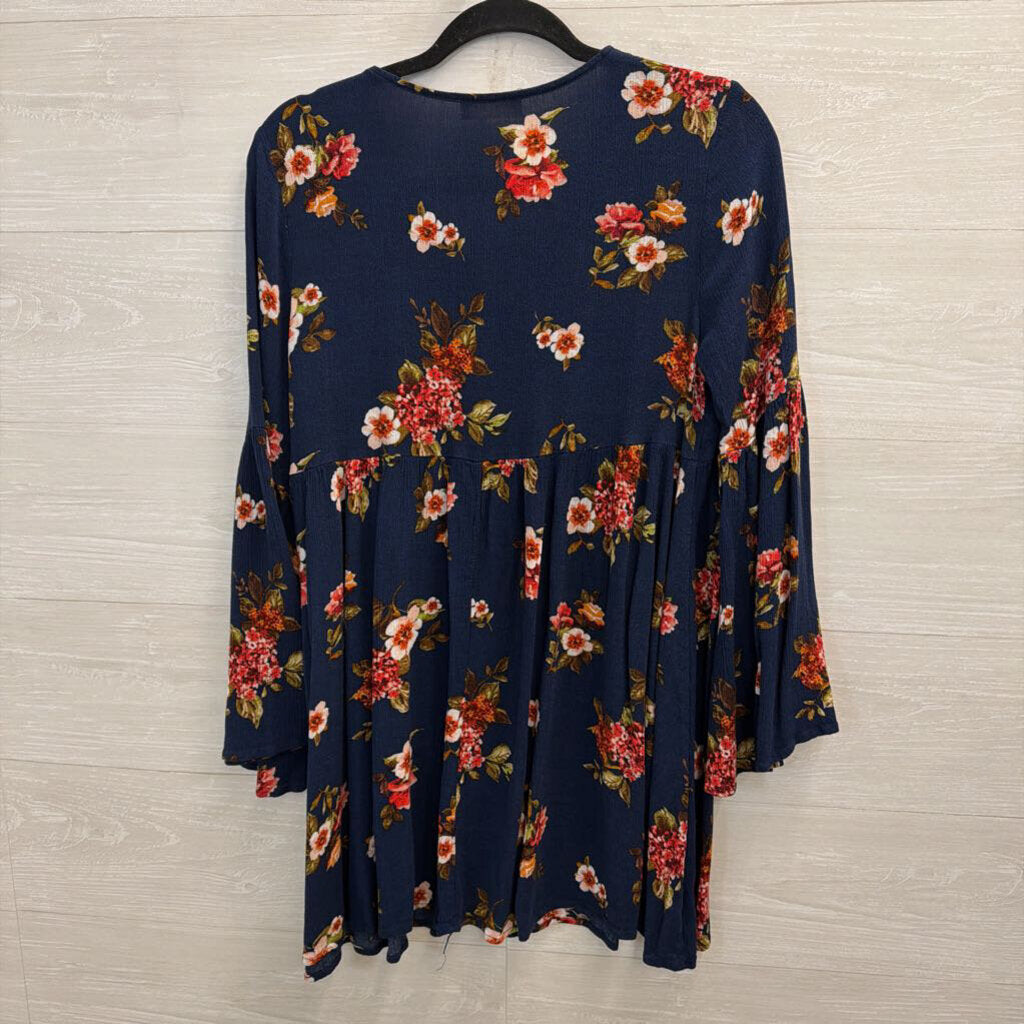 Altar'd State Blue/ Multi Floral Print Long Sleeve Tunic Top Large