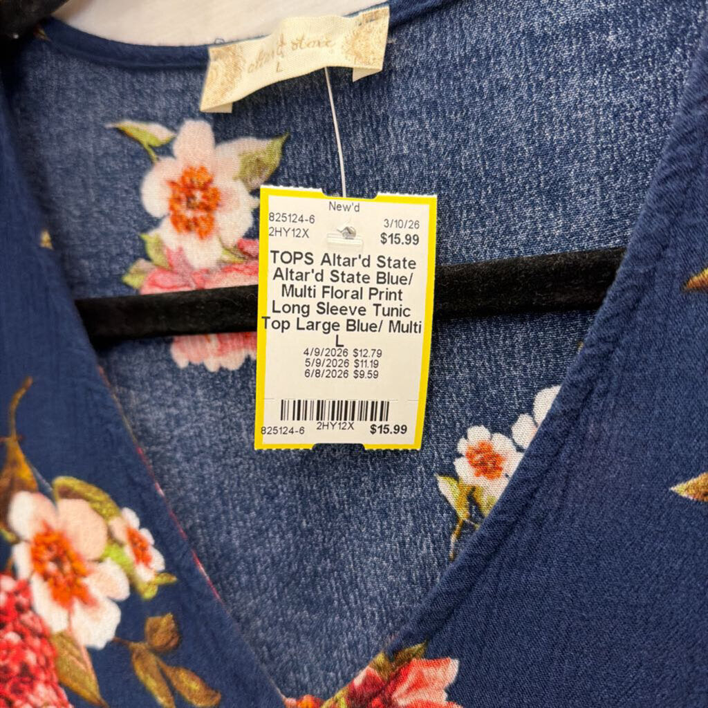 Altar'd State Blue/ Multi Floral Print Long Sleeve Tunic Top Large