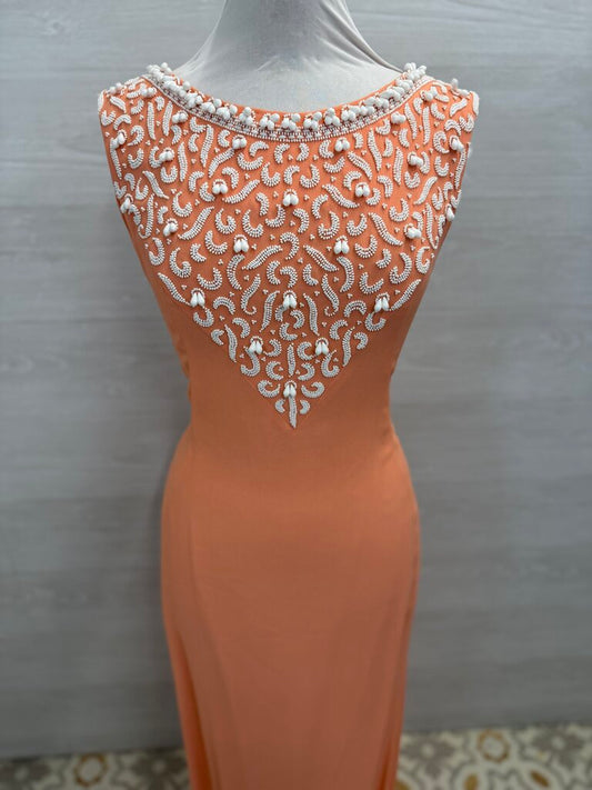 Vintage Coral/ White Beaded Detail Long Formal Dress Medium