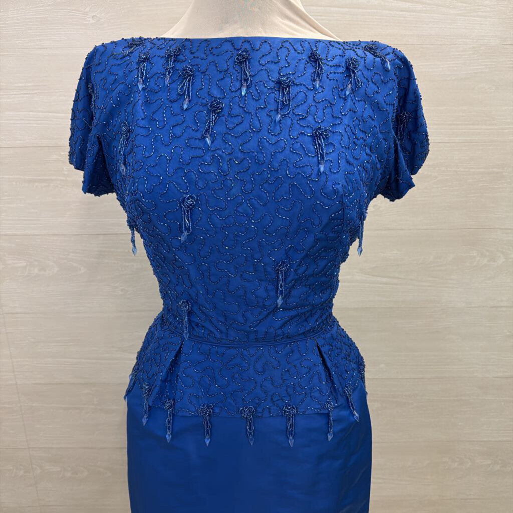 Vintage Royal Blue Beaded Top Short Sleeve Midi Formal Dress Small