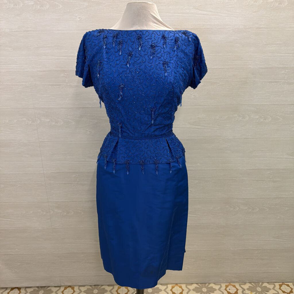 Vintage Royal Blue Beaded Top Short Sleeve Midi Formal Dress Small