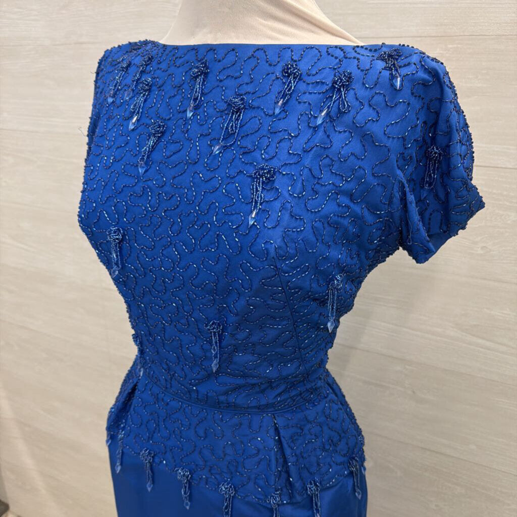 Vintage Royal Blue Beaded Top Short Sleeve Midi Formal Dress Small