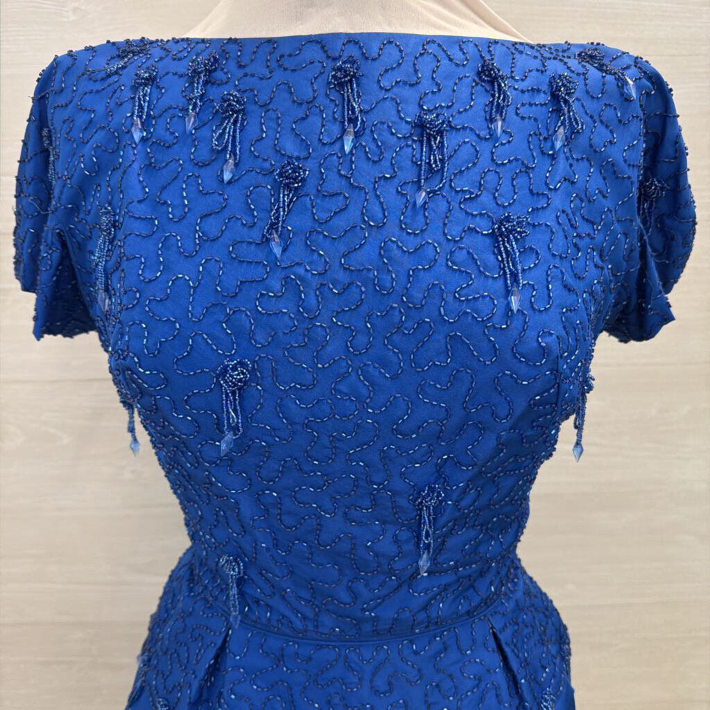Vintage Royal Blue Beaded Top Short Sleeve Midi Formal Dress Small