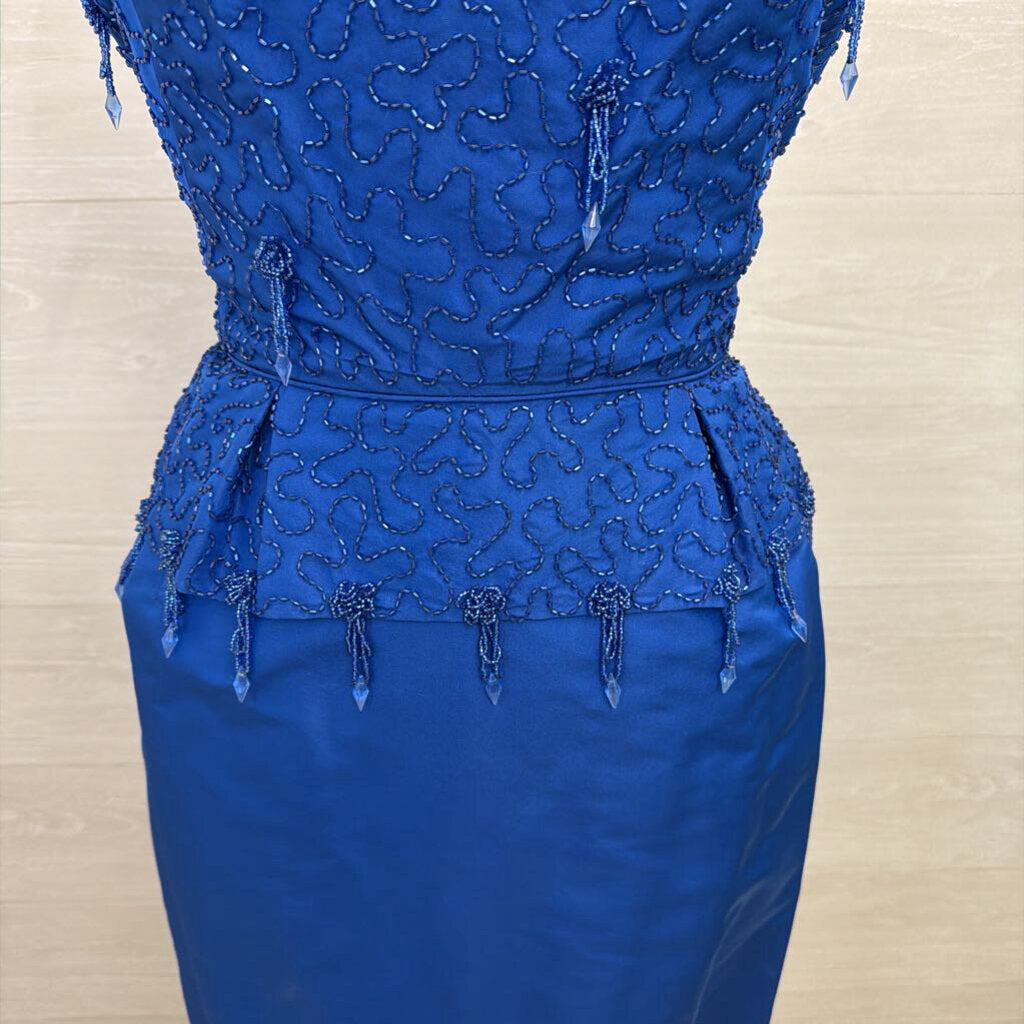 Vintage Royal Blue Beaded Top Short Sleeve Midi Formal Dress Small