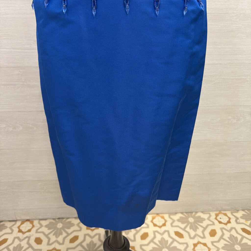 Vintage Royal Blue Beaded Top Short Sleeve Midi Formal Dress Small