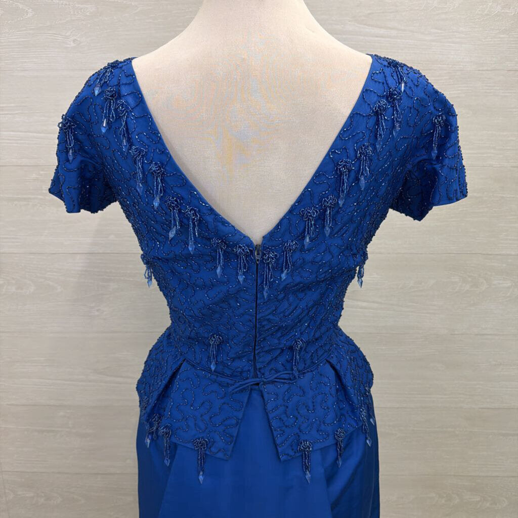 Vintage Royal Blue Beaded Top Short Sleeve Midi Formal Dress Small