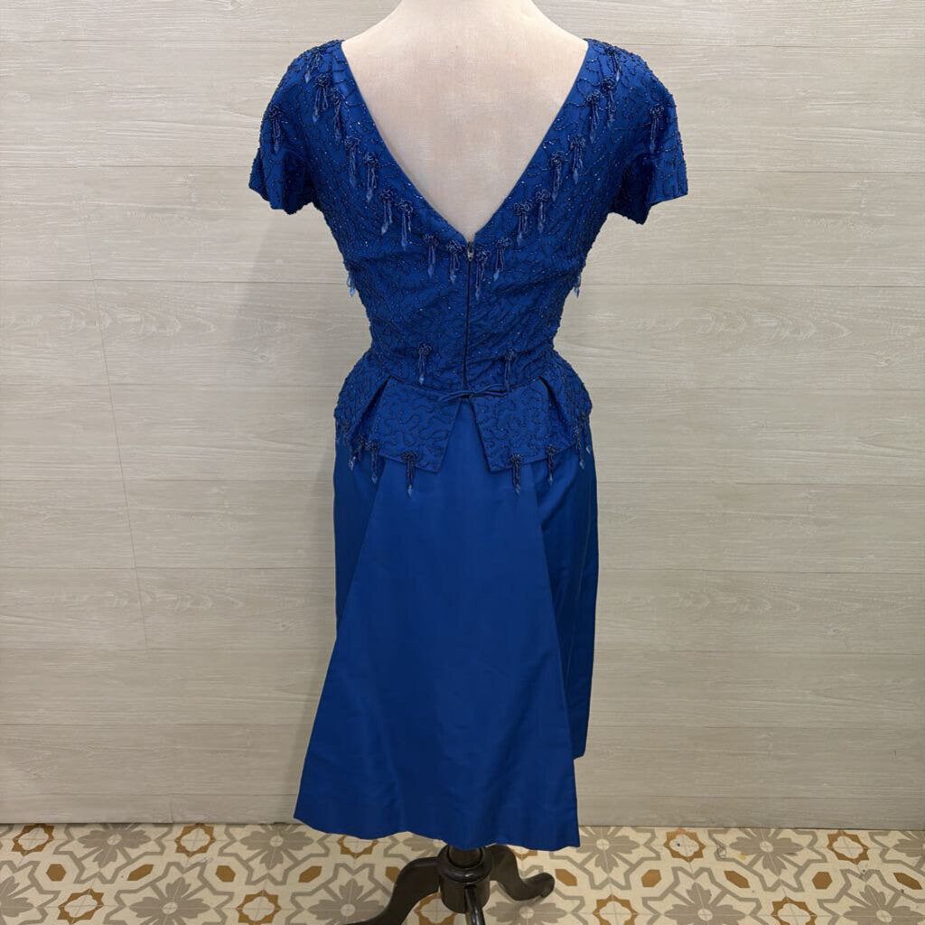 Vintage Royal Blue Beaded Top Short Sleeve Midi Formal Dress Small