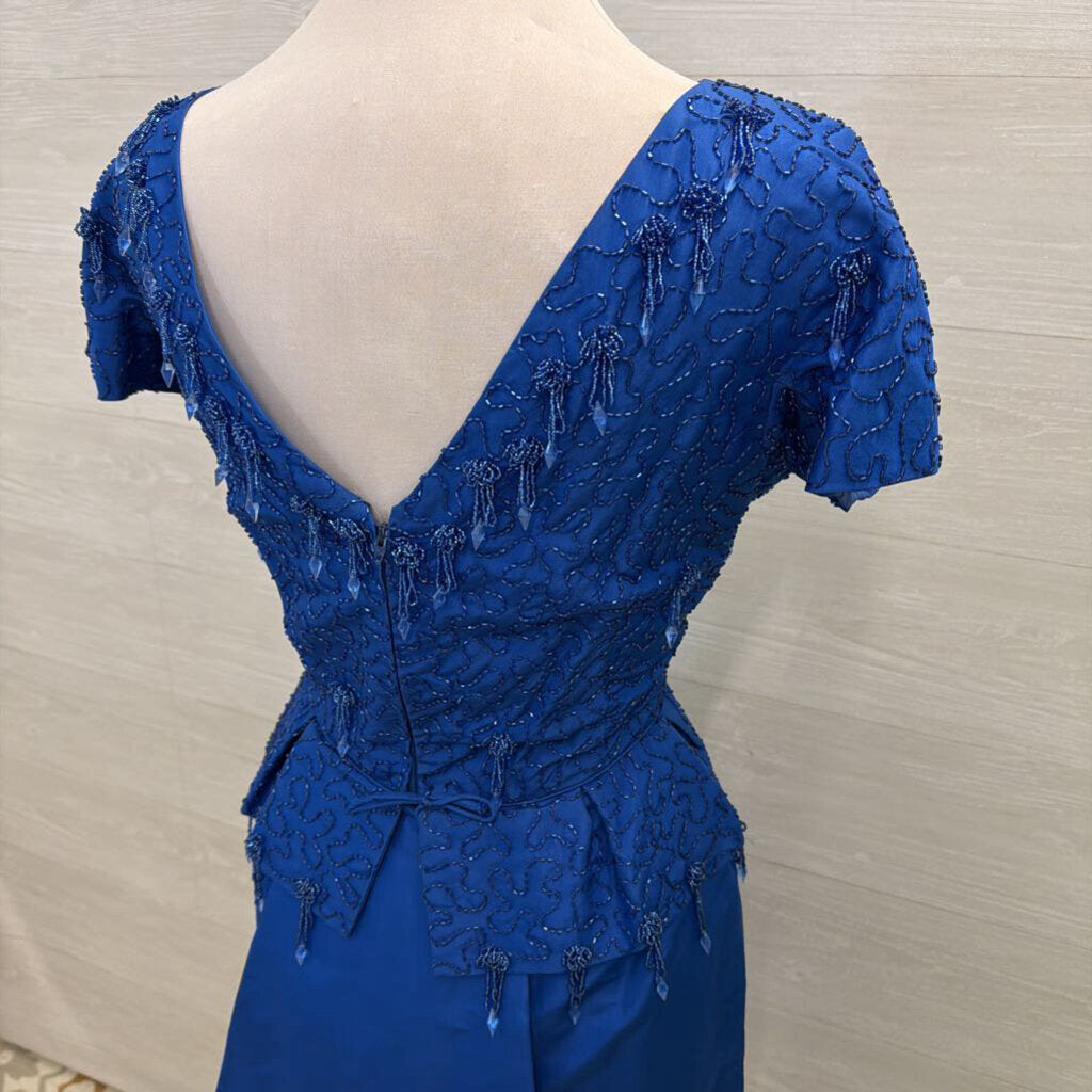 Vintage Royal Blue Beaded Top Short Sleeve Midi Formal Dress Small