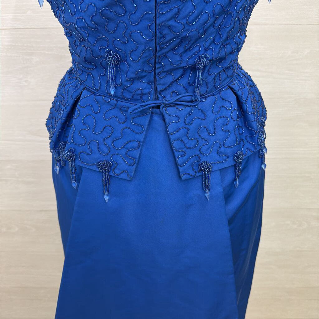 Vintage Royal Blue Beaded Top Short Sleeve Midi Formal Dress Small
