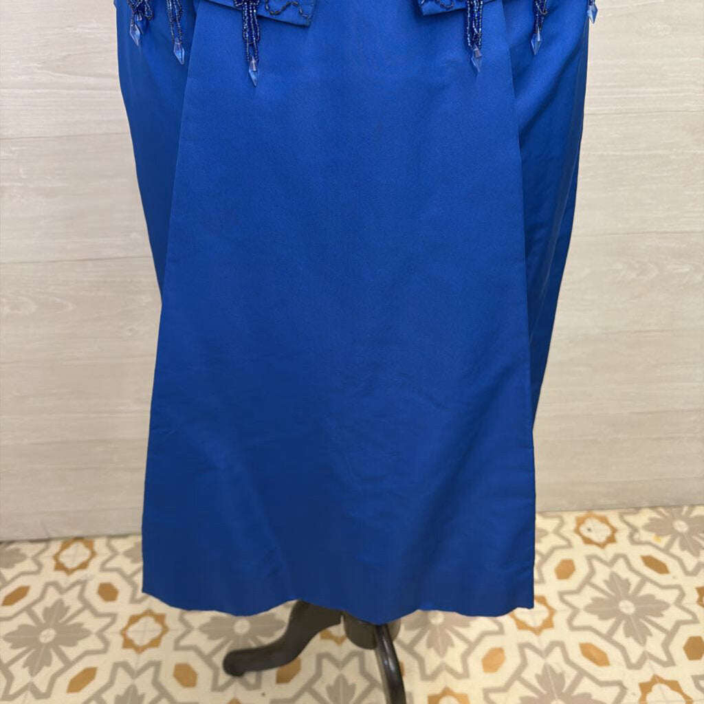 Vintage Royal Blue Beaded Top Short Sleeve Midi Formal Dress Small