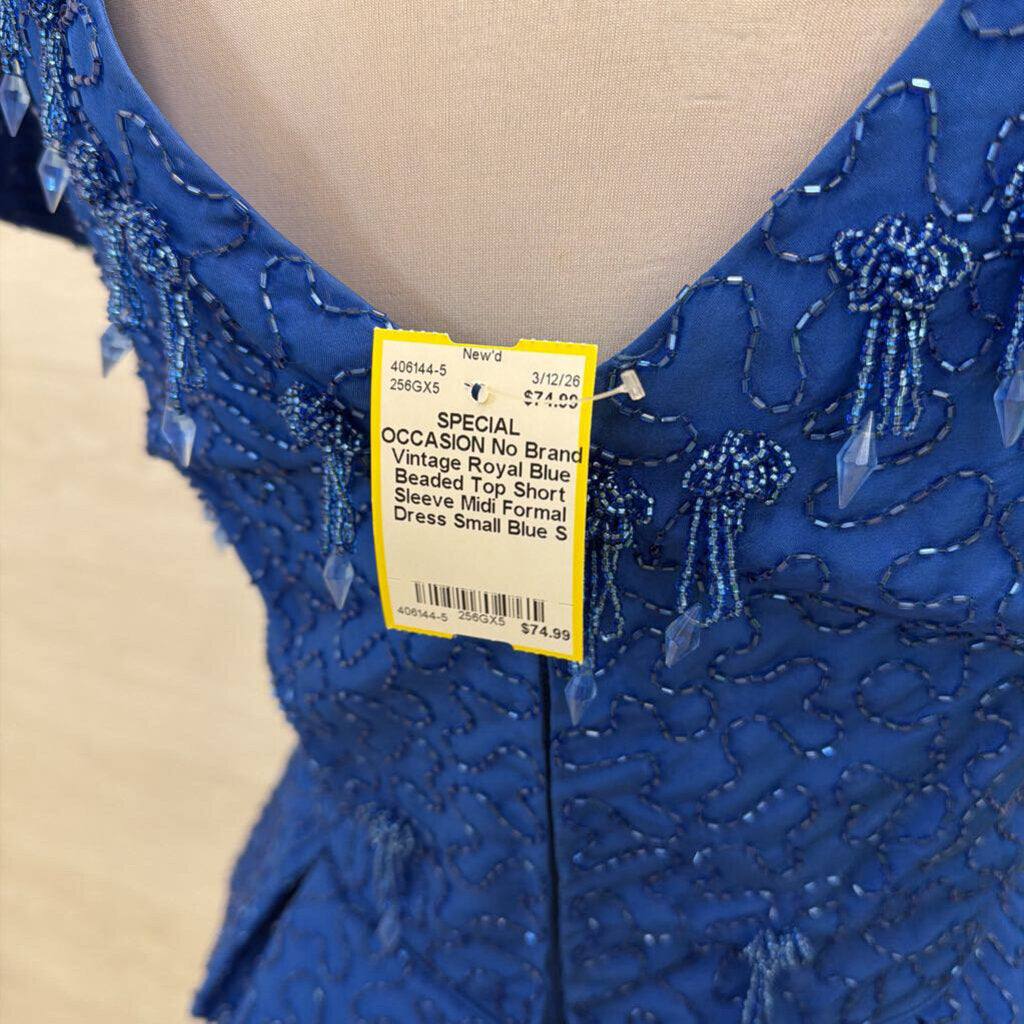 Vintage Royal Blue Beaded Top Short Sleeve Midi Formal Dress Small