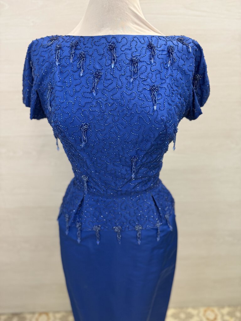 Vintage Royal Blue Beaded Top Short Sleeve Midi Formal Dress Small