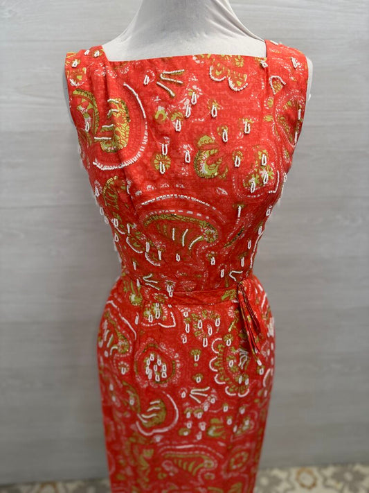 Vintage Sammuel Spigel Orange/ Multi Beaded Short Formal Dress Small