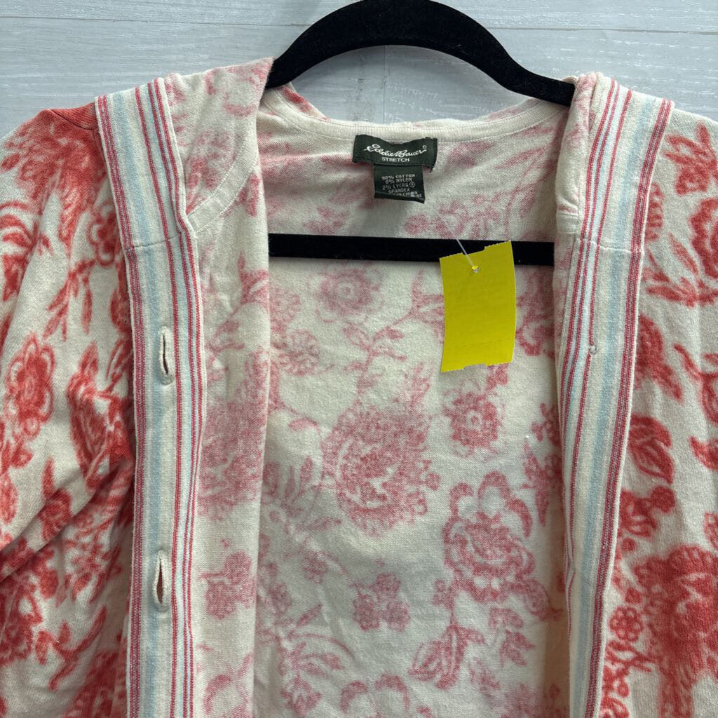 Eddie Bauer White/ Red Print Soft Hooded Cardigan Small