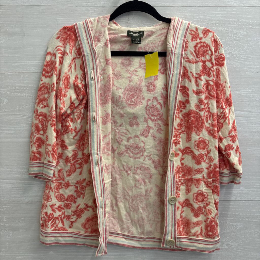 Eddie Bauer White/ Red Print Soft Hooded Cardigan Small