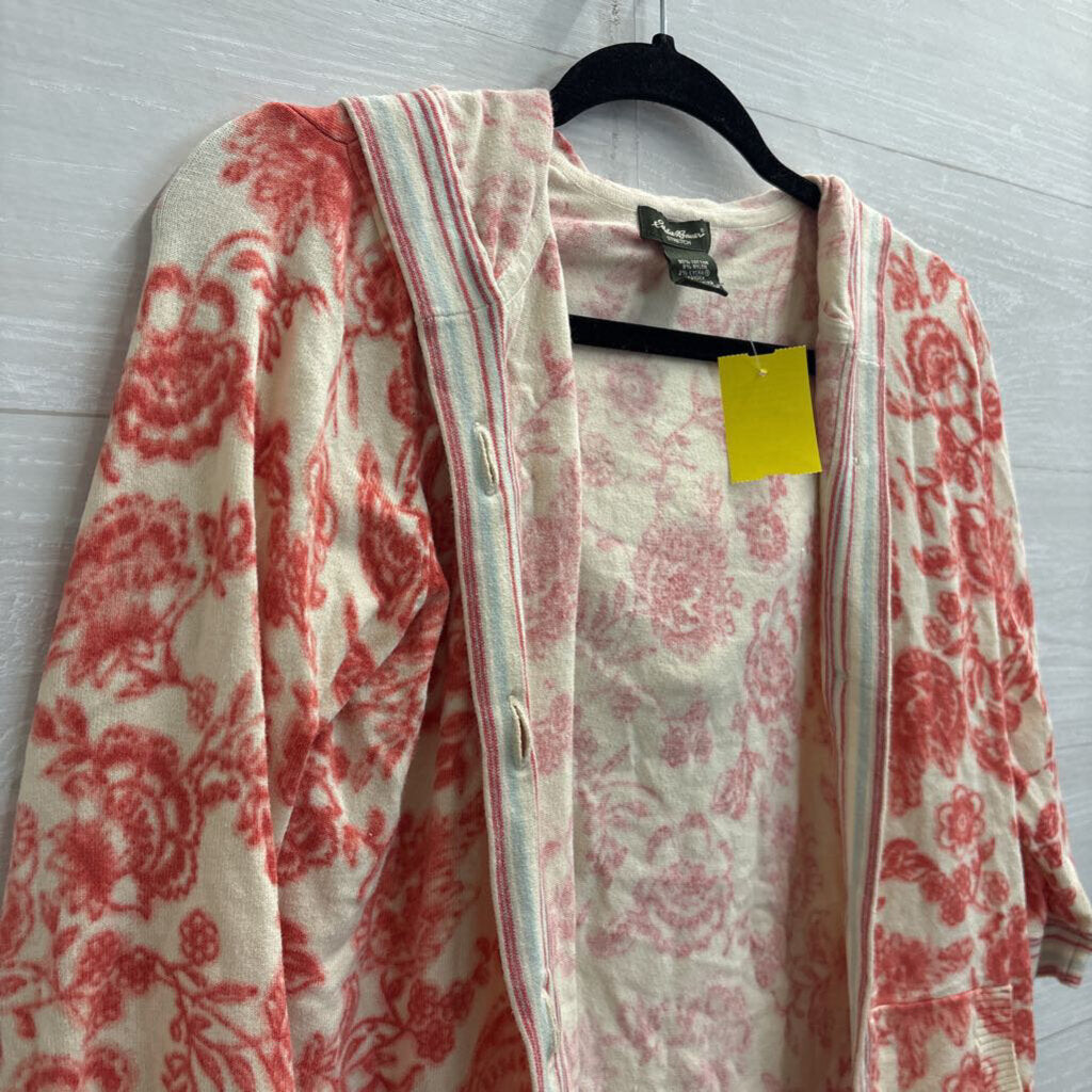 Eddie Bauer White/ Red Print Soft Hooded Cardigan Small