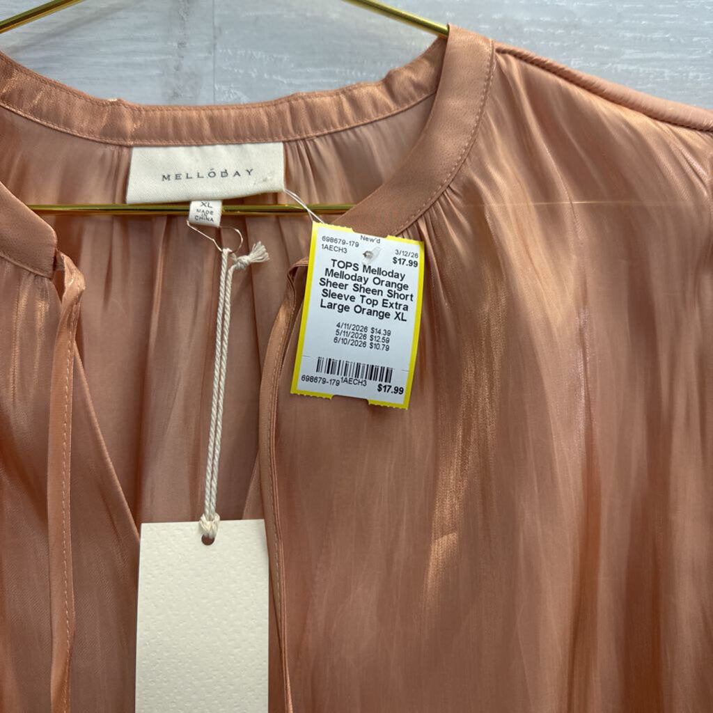 Melloday Orange Sheer Sheen Short Sleeve Top Extra Large