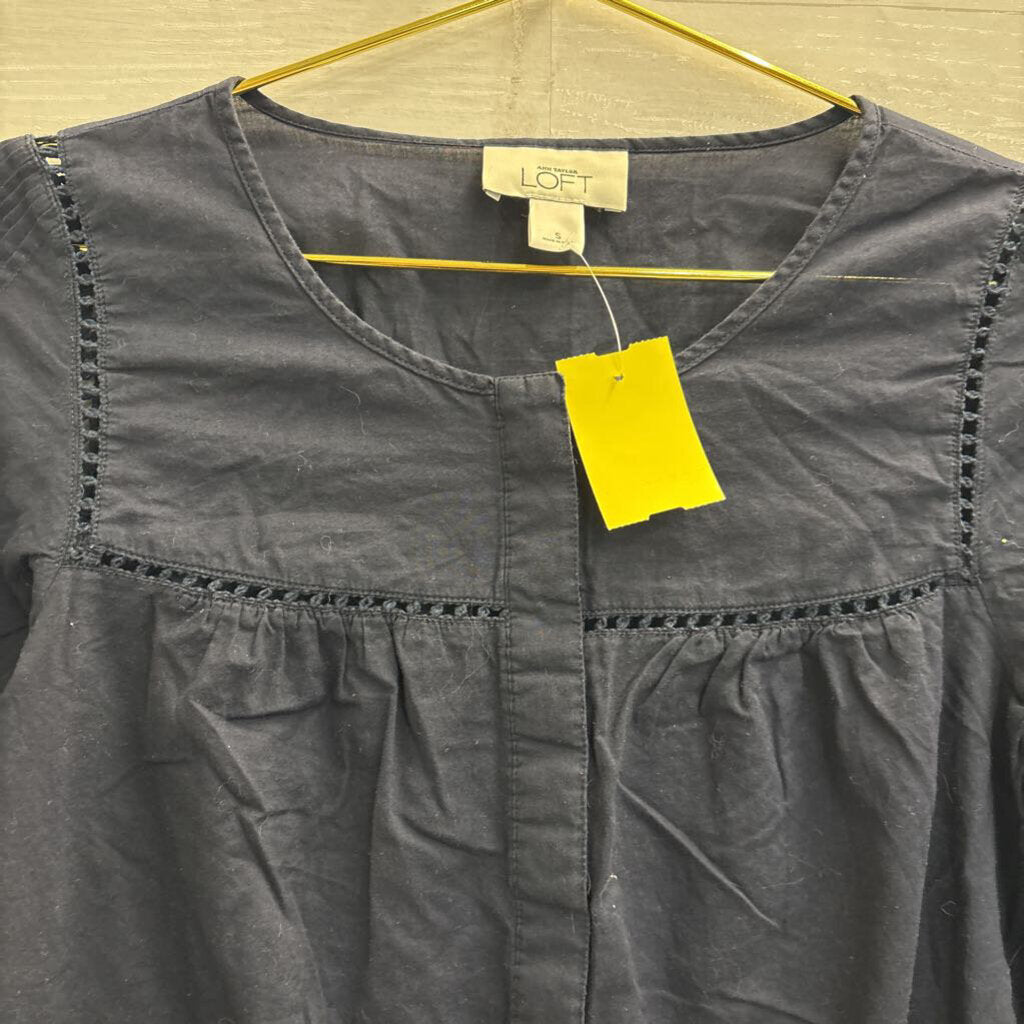 Loft Navy Long Sleeve Half Button Front Top Small
