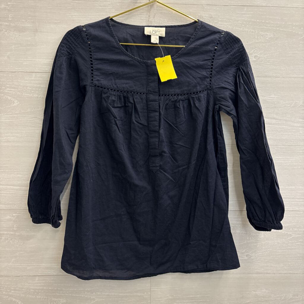 Loft Navy Long Sleeve Half Button Front Top Small
