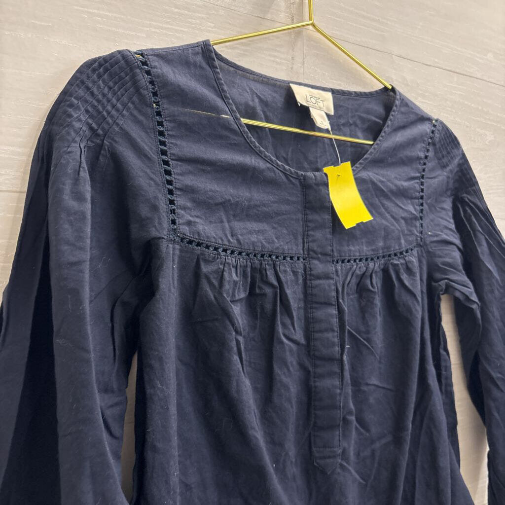 Loft Navy Long Sleeve Half Button Front Top Small