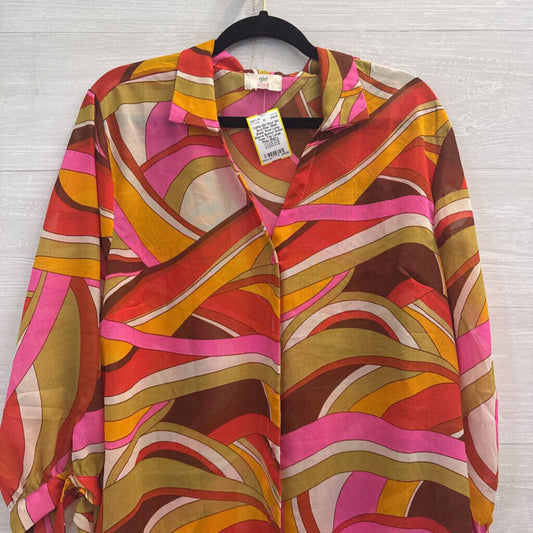 Girl Soul Pink /Multi Sheer Print Long Sleeve Button Down Tunic Top Large