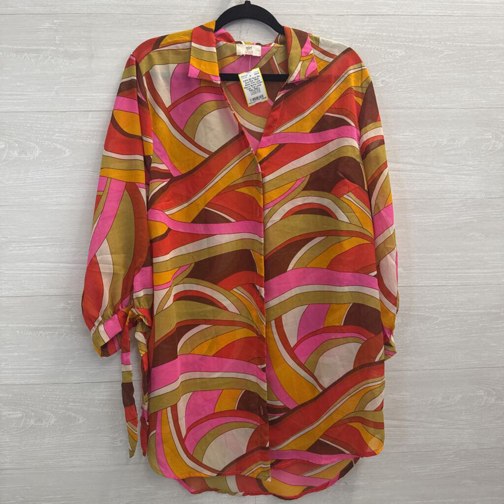Girl Soul Pink /Multi Sheer Print Long Sleeve Button Down Tunic Top Large