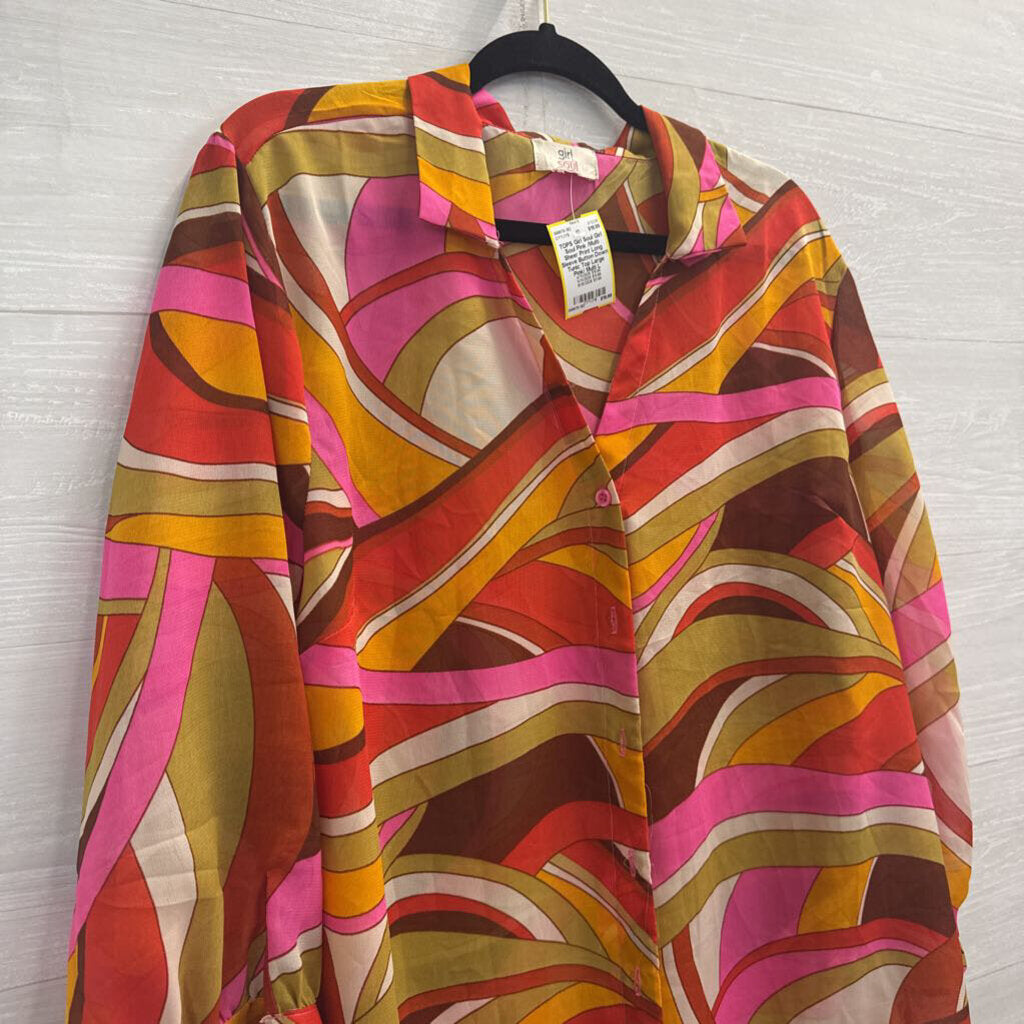 Girl Soul Pink /Multi Sheer Print Long Sleeve Button Down Tunic Top Large