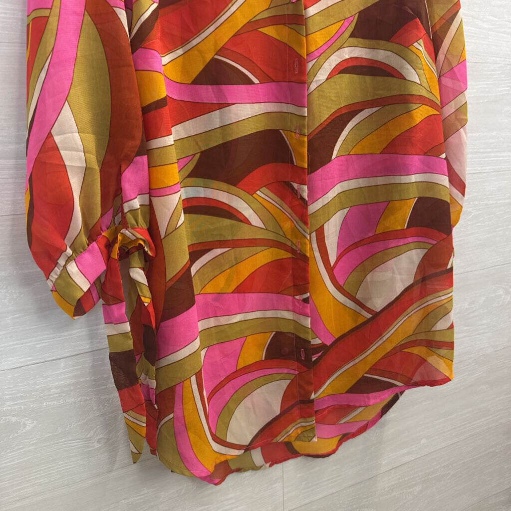 Girl Soul Pink /Multi Sheer Print Long Sleeve Button Down Tunic Top Large