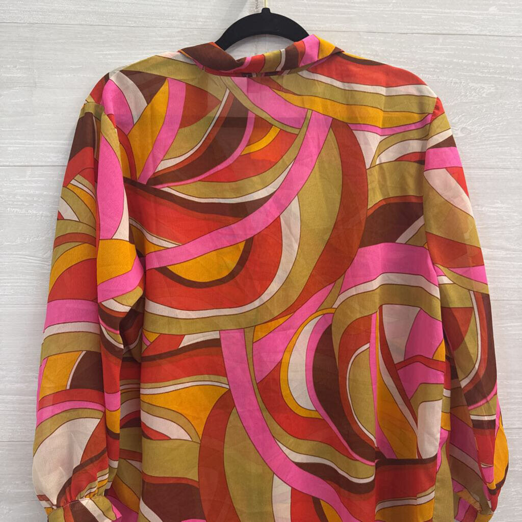 Girl Soul Pink /Multi Sheer Print Long Sleeve Button Down Tunic Top Large