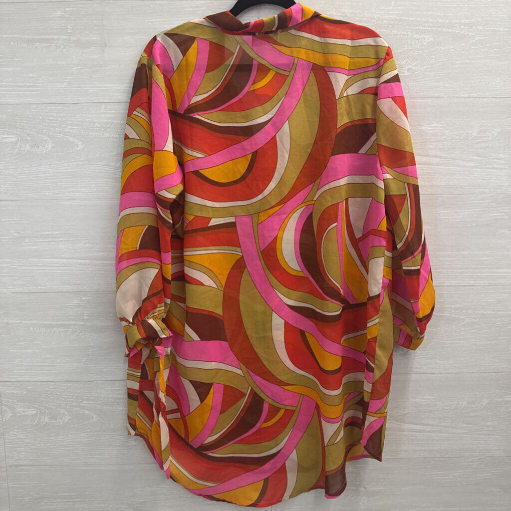 Girl Soul Pink /Multi Sheer Print Long Sleeve Button Down Tunic Top Large
