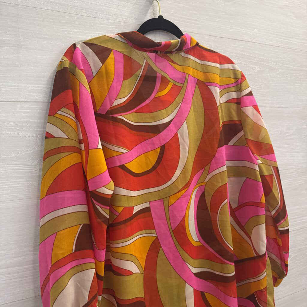 Girl Soul Pink /Multi Sheer Print Long Sleeve Button Down Tunic Top Large