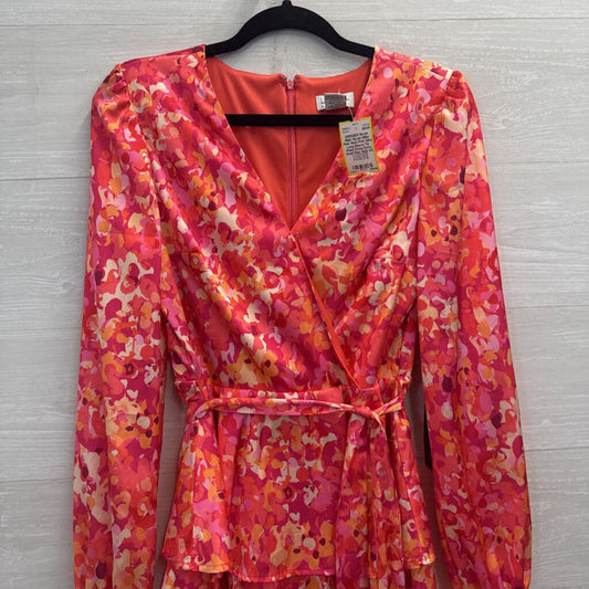 Nicole Miller Pink/ Multi Print Silky Long Sleeve Tie Waist Dress Extra Small