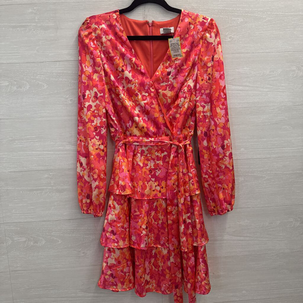 Nicole Miller Pink/ Multi Print Silky Long Sleeve Tie Waist Dress Extra Small