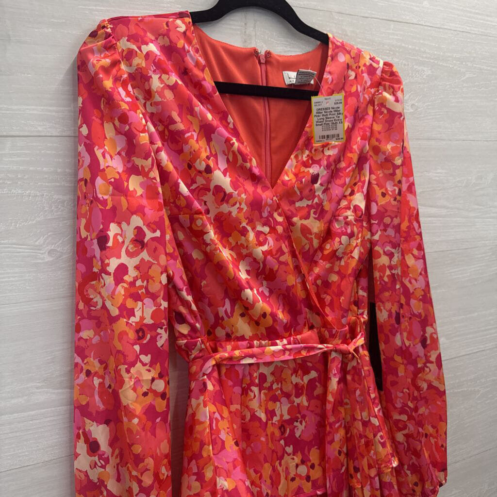 Nicole Miller Pink/ Multi Print Silky Long Sleeve Tie Waist Dress Extra Small