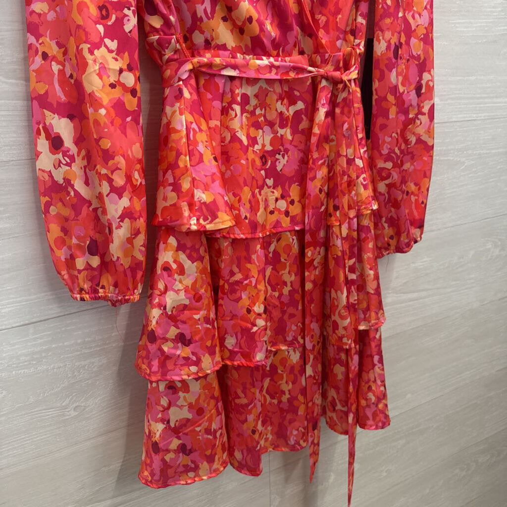 Nicole Miller Pink/ Multi Print Silky Long Sleeve Tie Waist Dress Extra Small