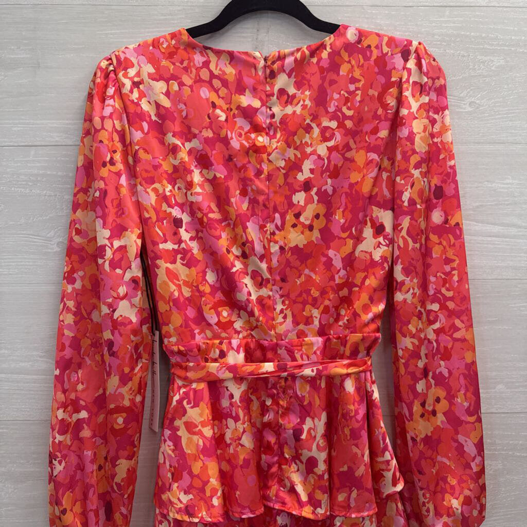 Nicole Miller Pink/ Multi Print Silky Long Sleeve Tie Waist Dress Extra Small