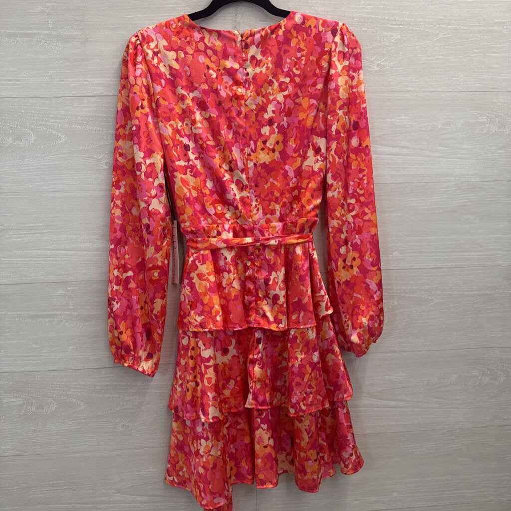 Nicole Miller Pink/ Multi Print Silky Long Sleeve Tie Waist Dress Extra Small