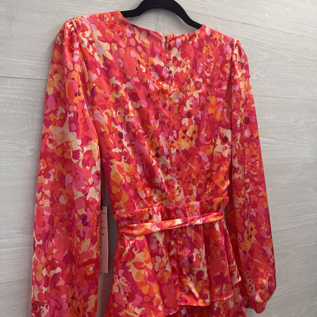 Nicole Miller Pink/ Multi Print Silky Long Sleeve Tie Waist Dress Extra Small