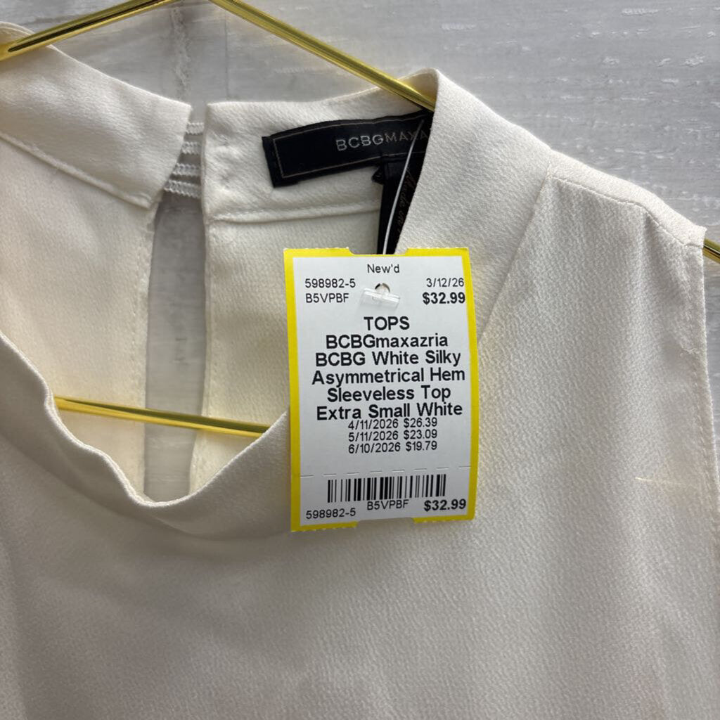 BCBG White Silky Asymmetrical Hem Sleeveless Top Extra Small