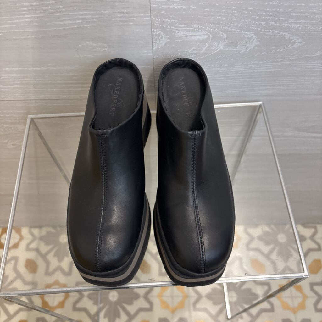 Naked Feet Black Leather Platform Coach Clogs 7