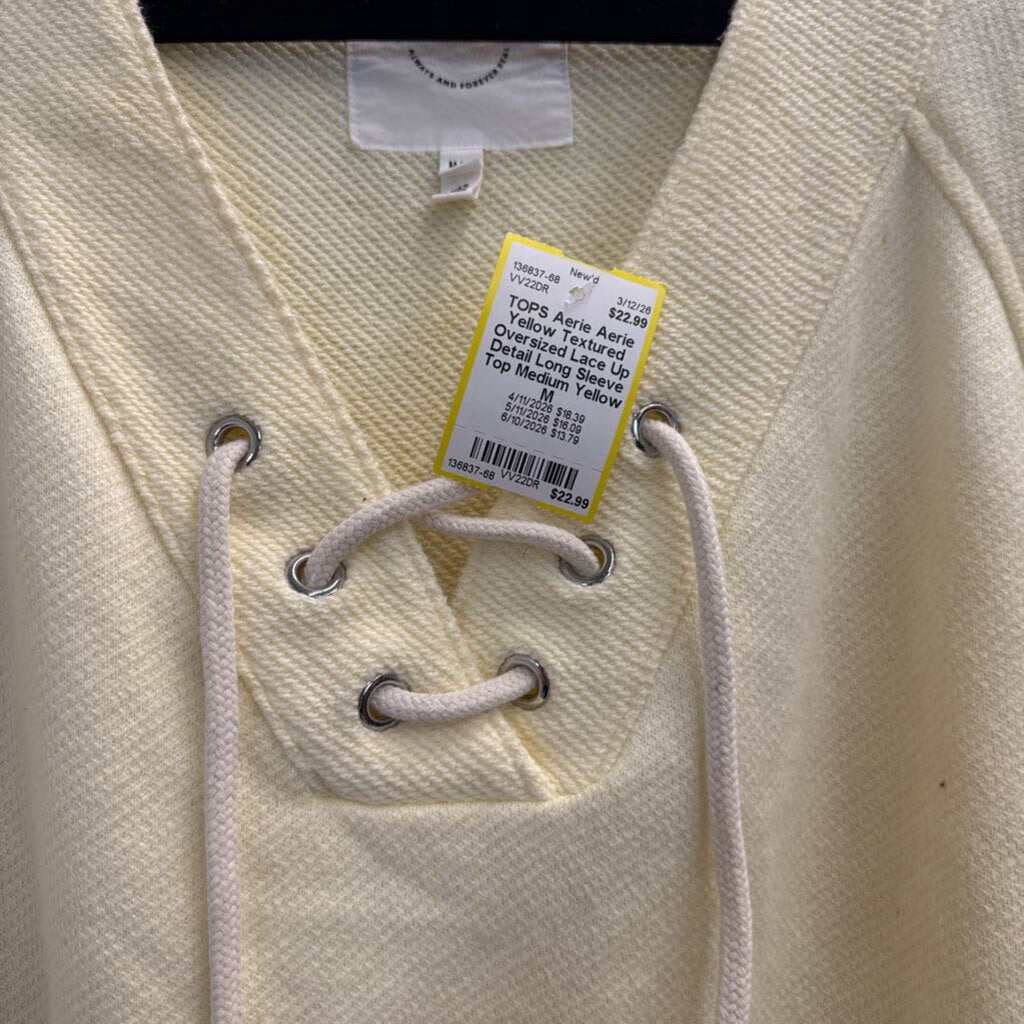 Aerie Yellow Textured Oversized Lace Up Detail Long Sleeve Top Medium