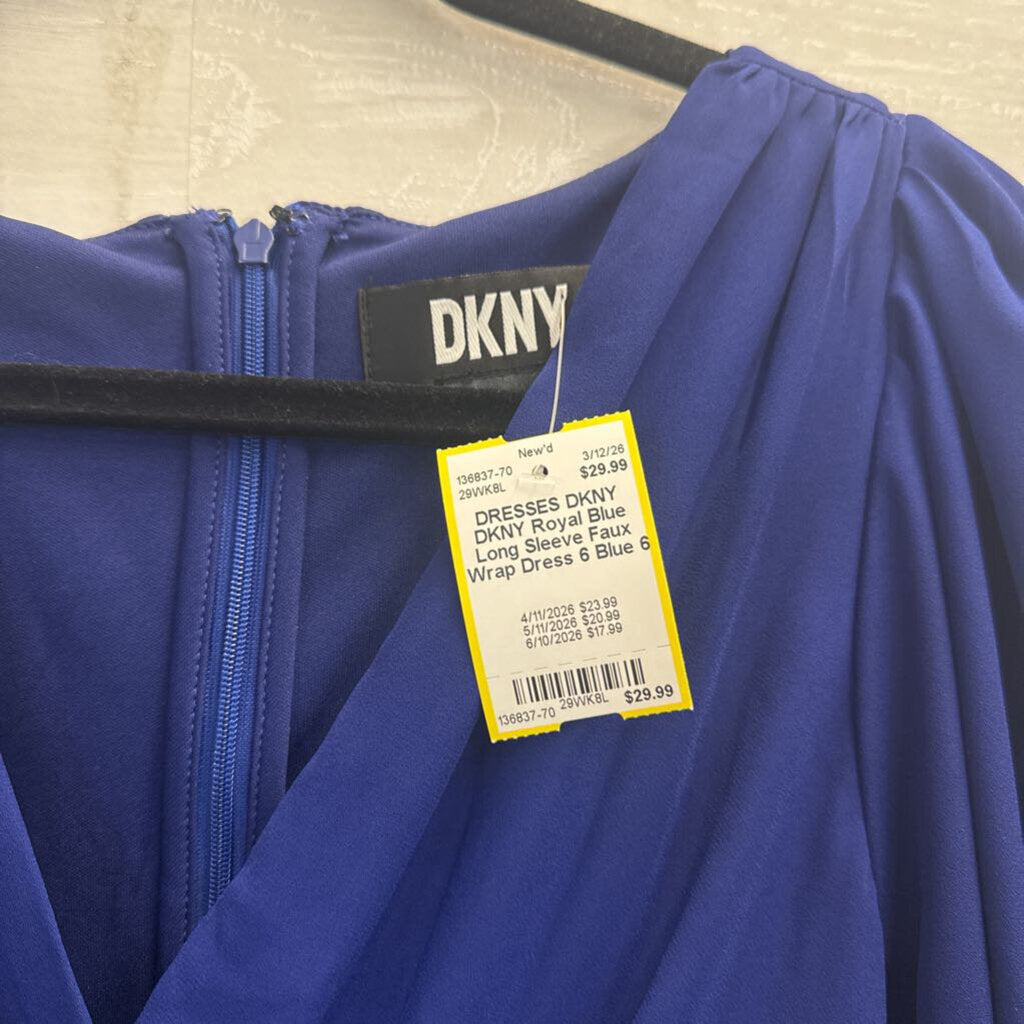DKNY Royal Blue Long Sleeve Faux Wrap Dress 6