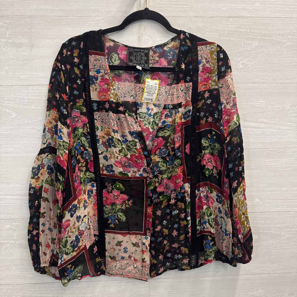 Johnny Was Jade Roswell Black/ Multi Patchwork Floral Long Sleeve Top Small