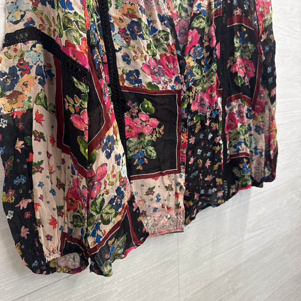 Johnny Was Jade Roswell Black/ Multi Patchwork Floral Long Sleeve Top Small