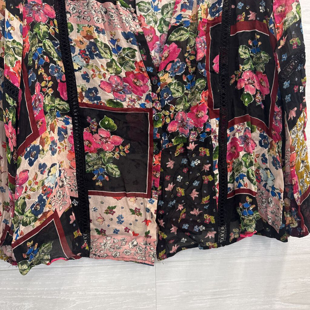 Johnny Was Jade Roswell Black/ Multi Patchwork Floral Long Sleeve Top Small