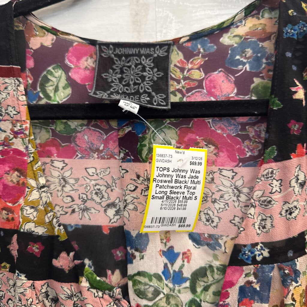 Johnny Was Jade Roswell Black/ Multi Patchwork Floral Long Sleeve Top Small