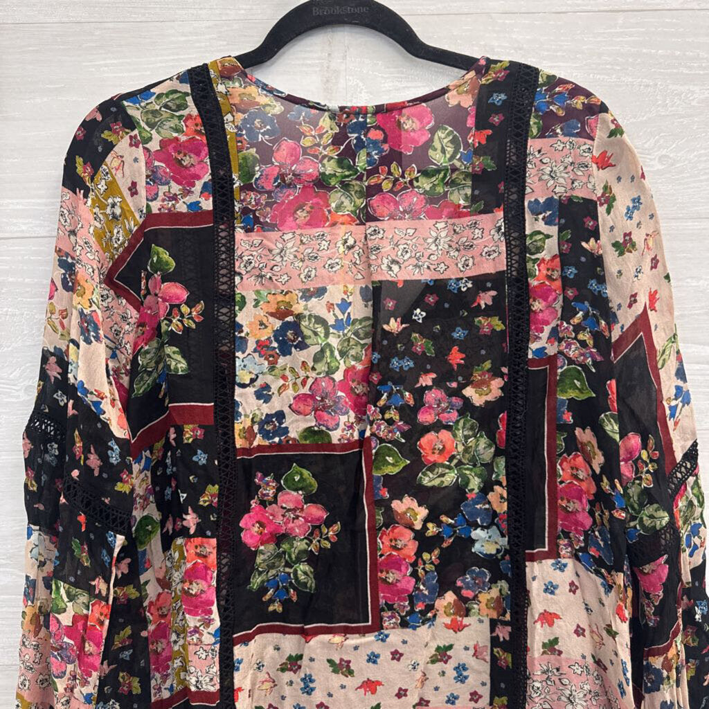 Johnny Was Jade Roswell Black/ Multi Patchwork Floral Long Sleeve Top Small
