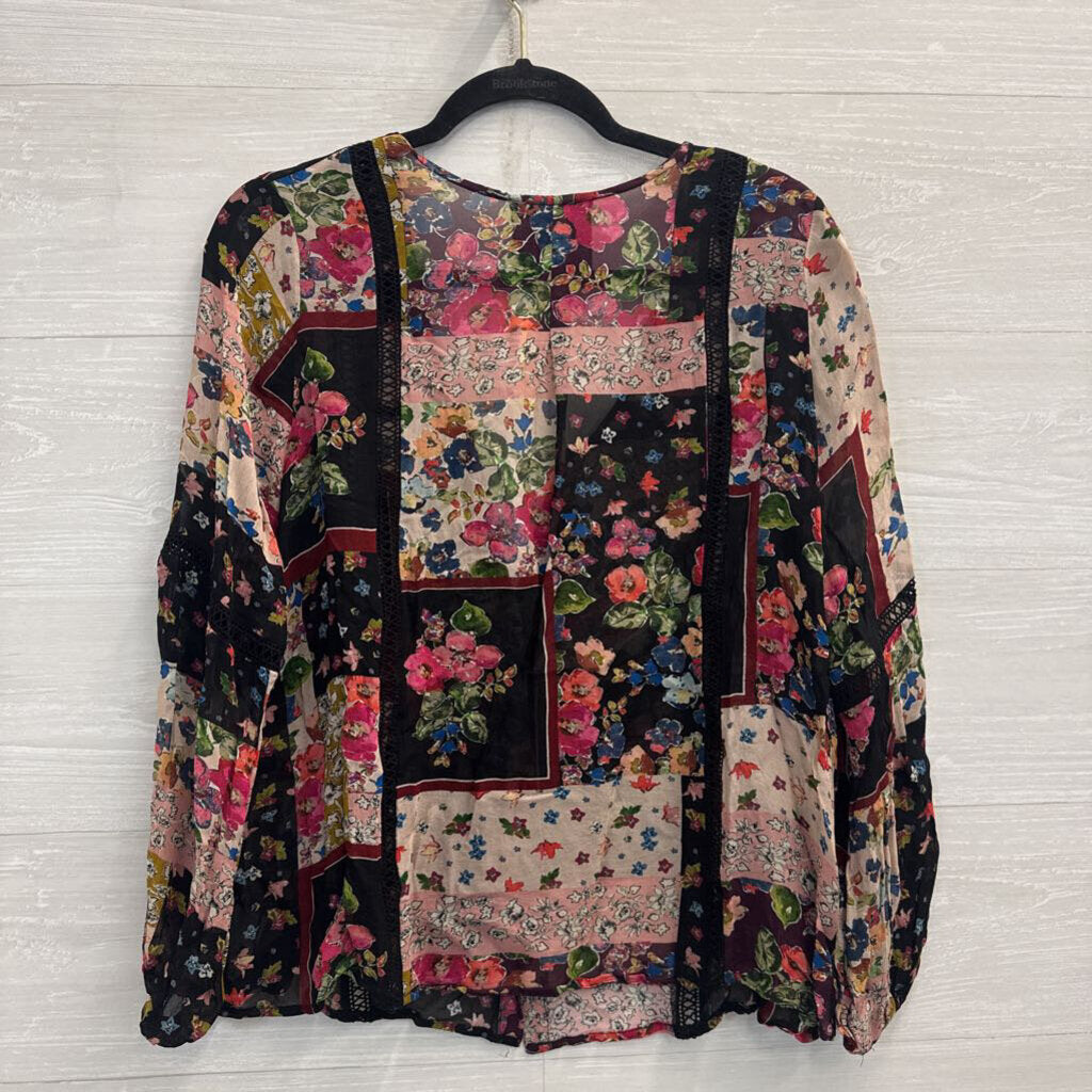 Johnny Was Jade Roswell Black/ Multi Patchwork Floral Long Sleeve Top Small